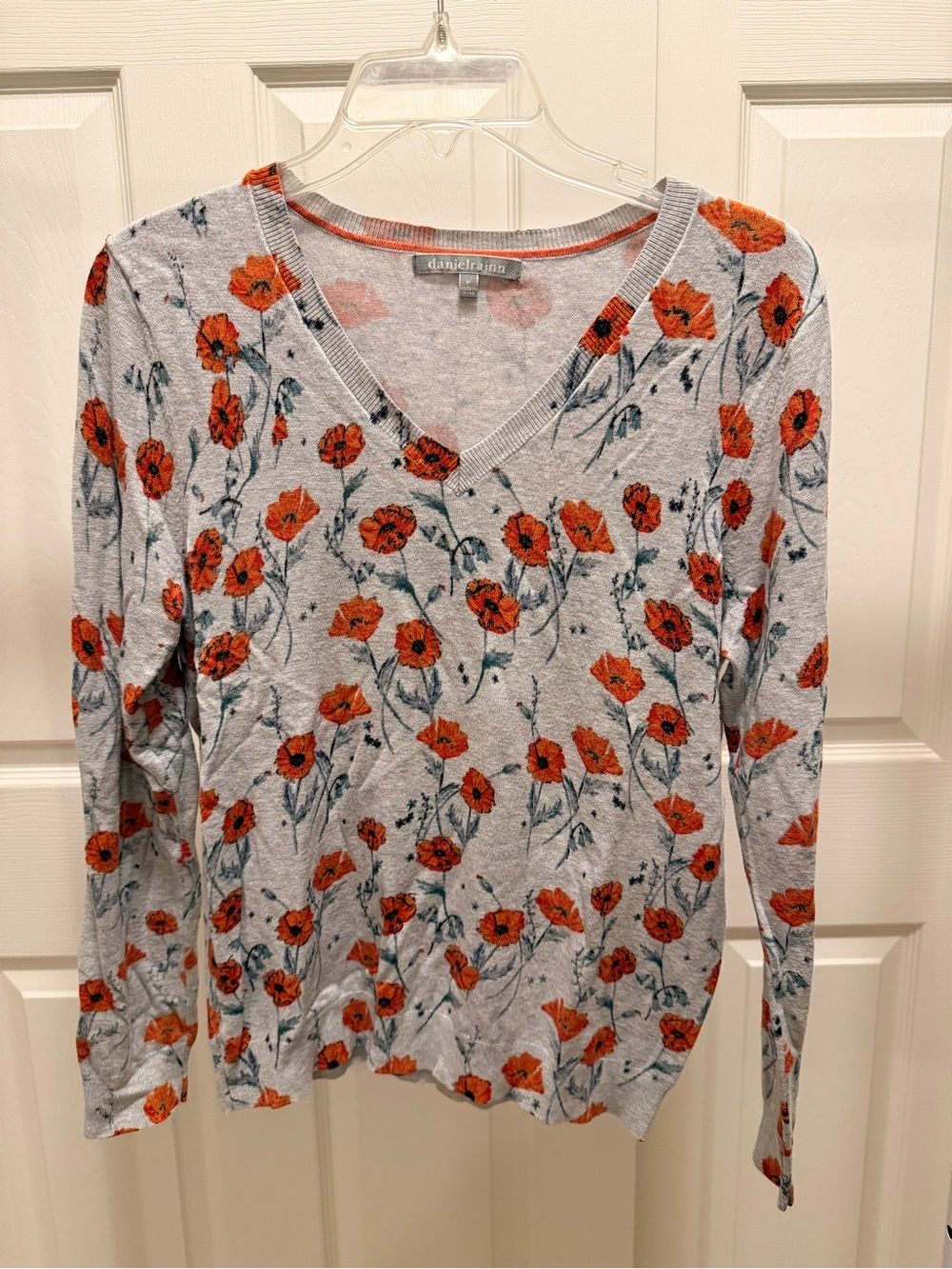 Daniel Rainn Light Gray V-Neck Sweater with Orange Floral Print